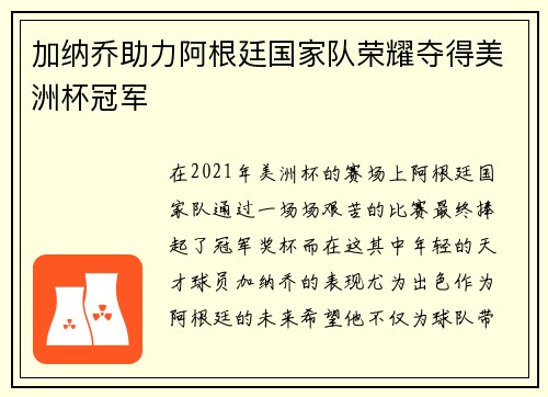 加纳乔助力阿根廷国家队荣耀夺得美洲杯冠军 加纳乔助力阿根廷国家队荣耀夺得美洲杯冠军